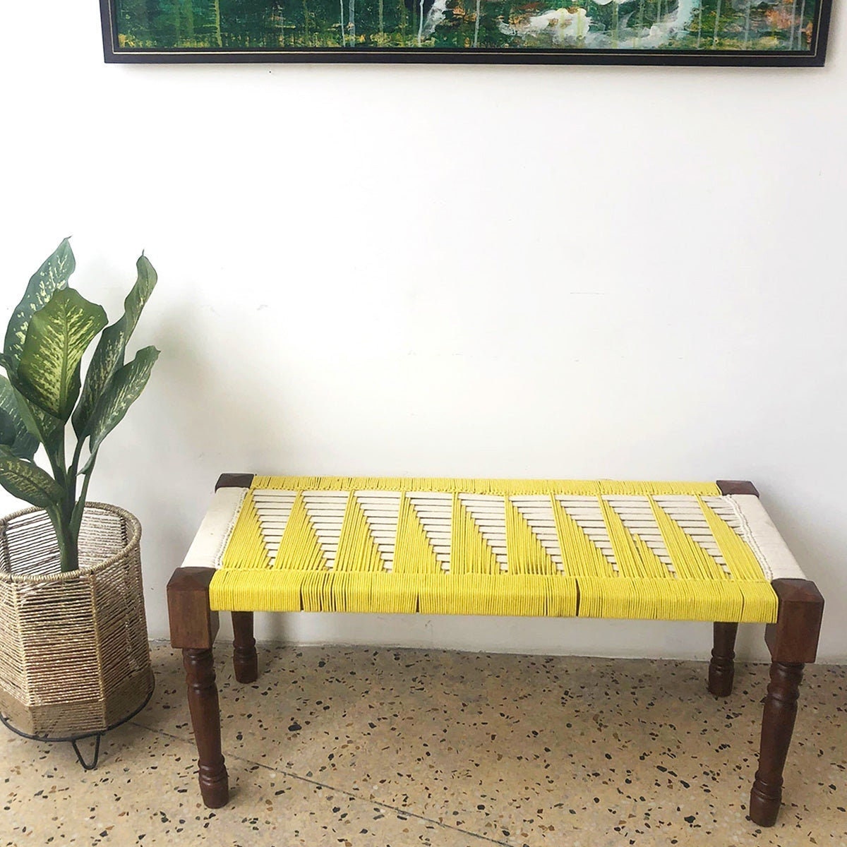 Indian Weaving Art Yellow-white Bench Unique Bench for Decoration - Main Image