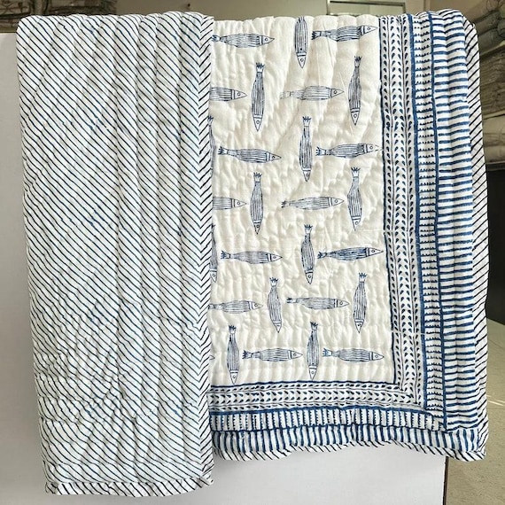 Hand Block Printed Baby Quilt with Blue Fish Design – Soft Cotton Kantha Blanket – Reversible Baby Bedding – Ocean Theme Nursery Gift
