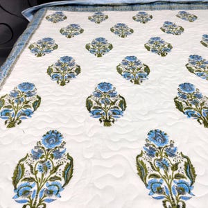 Blue Handmade Cotton Block Print Quilt | Jaipuri Razai | Lightweight Comforter | Boho Floral Bedding | Indian Blanket