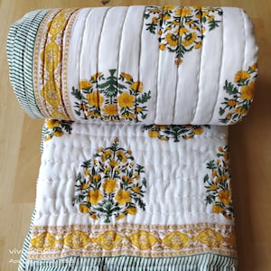 Handmade Jaipuri Quilt | Yellow Floral Cotton Razai | Lightweight Comforter Blanket | Indian Block Print Bedding | Boho Bedroom Decor