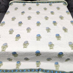 Blue Handmade Cotton Block Print Quilt | Jaipuri Razai | Lightweight Comforter | Boho Floral Bedding | Indian Blanket