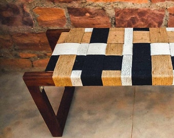 Hand Woven End of Bed Stool Entryway Wooden Bench 100% Handmade Woven Bench Rope Mid-Century Modern Style Bench