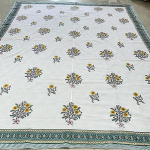Yellow Floral Block Print Quilt | Handcrafted Cotton Jaipuri Razai | Indian Boho Bedding Blanket | Queen Size