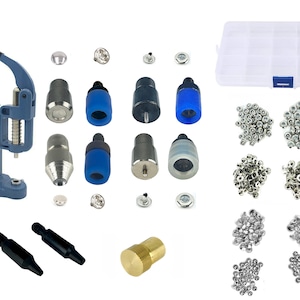 May include: A blue metal hand press tool for setting rivets and snaps. The set includes a variety of sizes of snaps, rivets, and setting tools. The tools are organized in a clear plastic storage box.