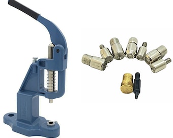 May include: A blue metal hand press tool with a black handle and a set of silver and gold metal eyelets and studs.