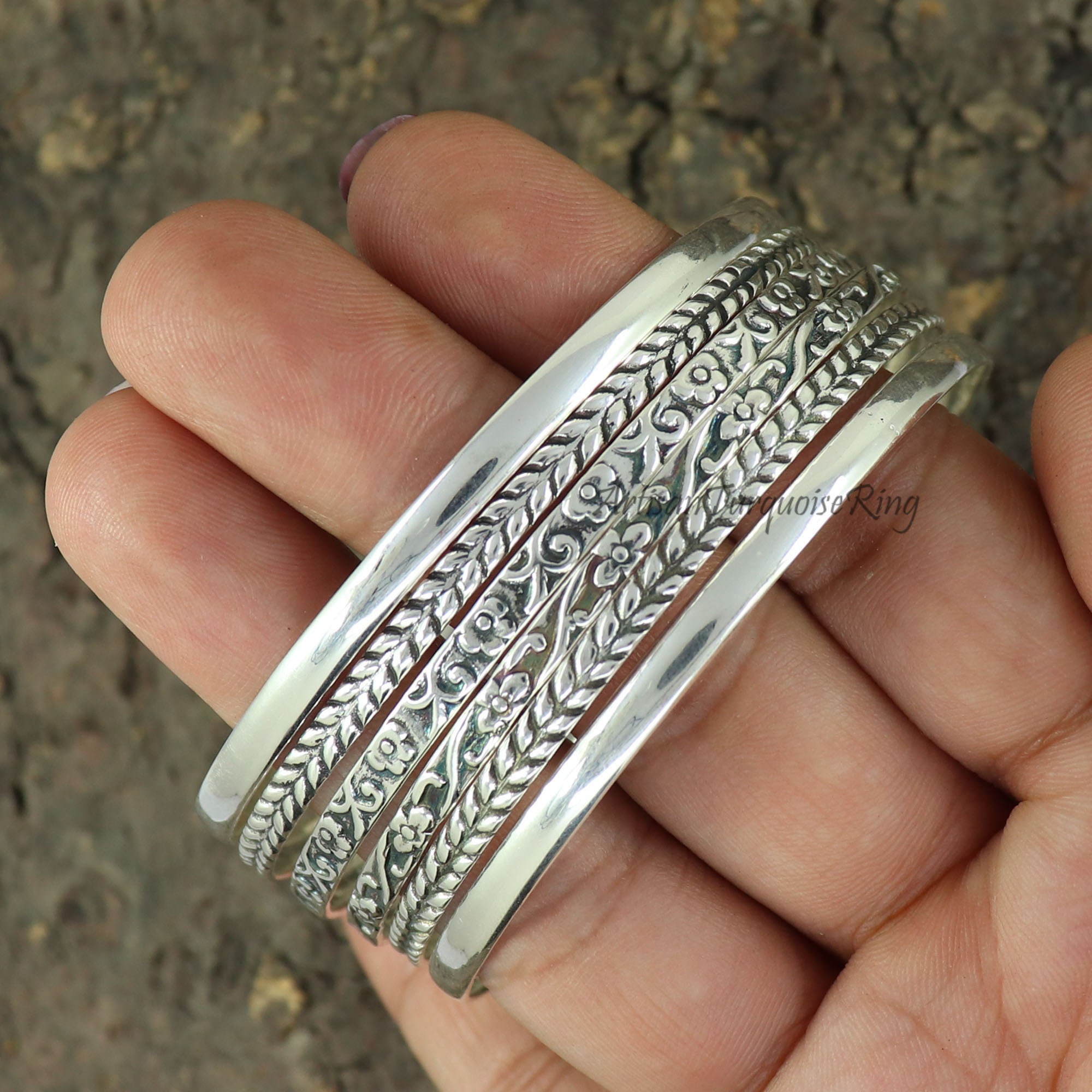 Designer Silver Bangle Set: Flower 6 Set of Stackable Bangles - Etsy