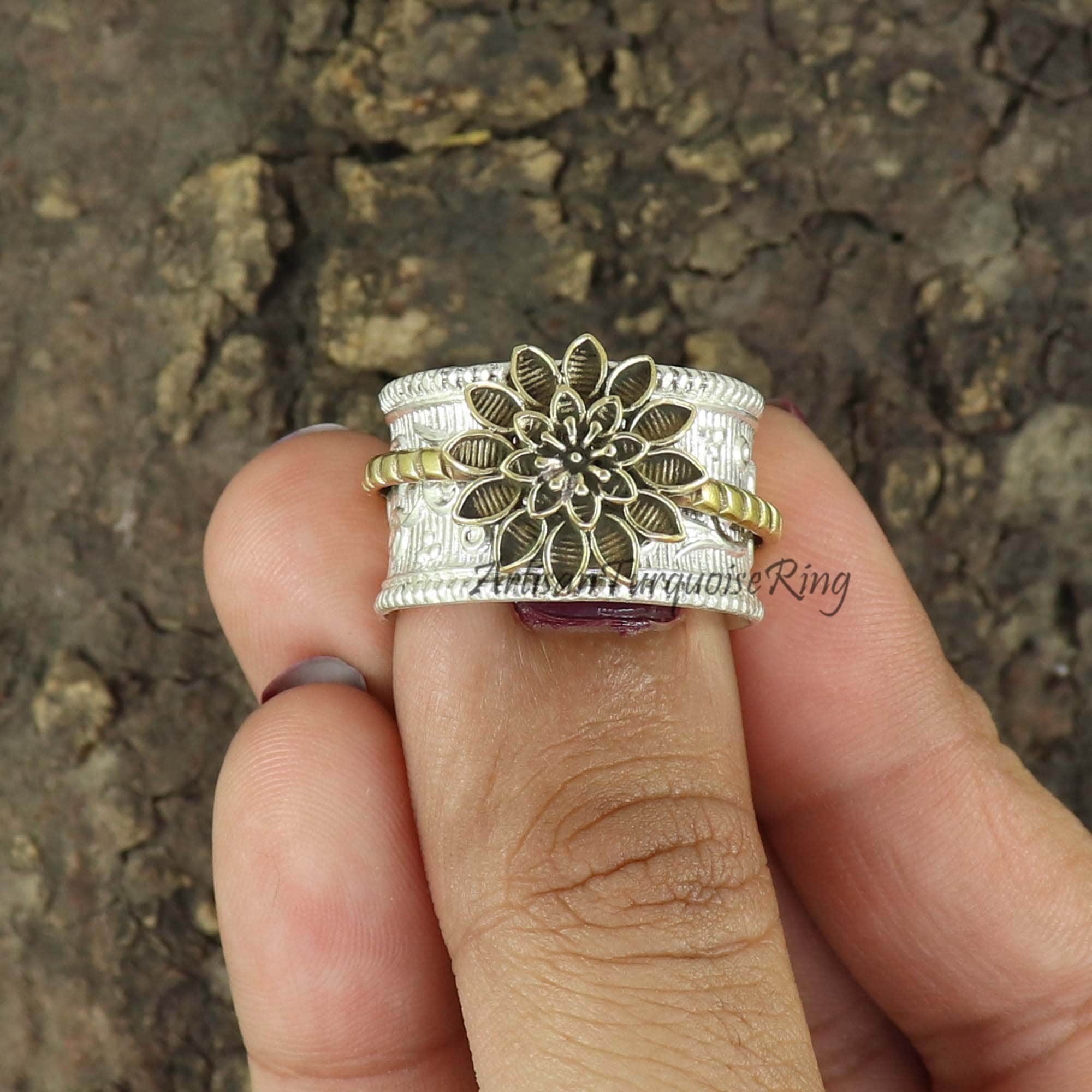 Daisy Flower Spinner Ring: Handmade 925 Sterling Silver Worry Ring