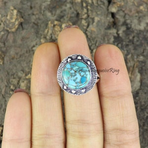 Turquoise koperring: 925 sterlingzilver, handgemaakte boho-ring