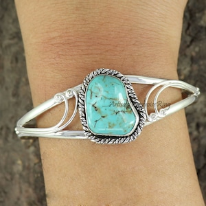 Turquoise Bangel, Sterling Silver Bangle, Adjustable Bangle, Uncut Stone Bangle, Women Bracelet, Turquoise Gemstone Bracelet, Gift For Her