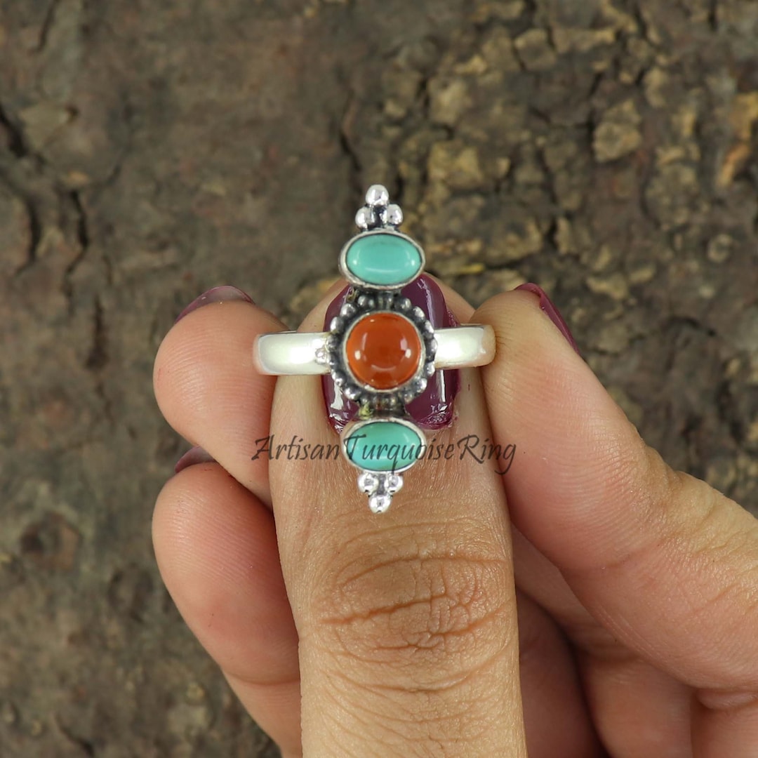 Handmade Sterling Silver Three Stone Ring: Carnelian & Turquoise - Etsy