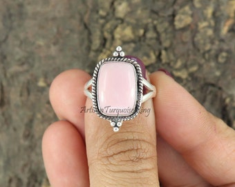 Pink Opal Ring, 925 Silver Ring, Statement Ring, Healing Stone Ring, Cushion Gemstone Ring, Opal Ring, Anniversary&#39;s Gift Ring, Gift For Her