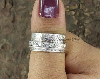 Sterling Silver Wide Band Spinner Ring: Textured Anxiety Fidget Ring