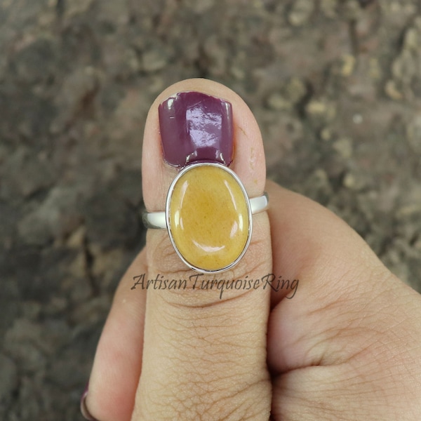 Bague en jade jaune naturel, bague en argent sterling 925, bague en pierre de guérison, bague tendance bohème, bague serti clos, bague bohème, cadeau pour elle