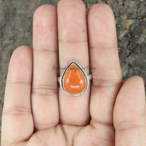 Orange Jade Ring, 925 Silver Ring, Ring for Girls, Healing Stone Ring, Handmade Ring, Pear Shape Stone Ring, Daily Wear Ring, Gift For Her