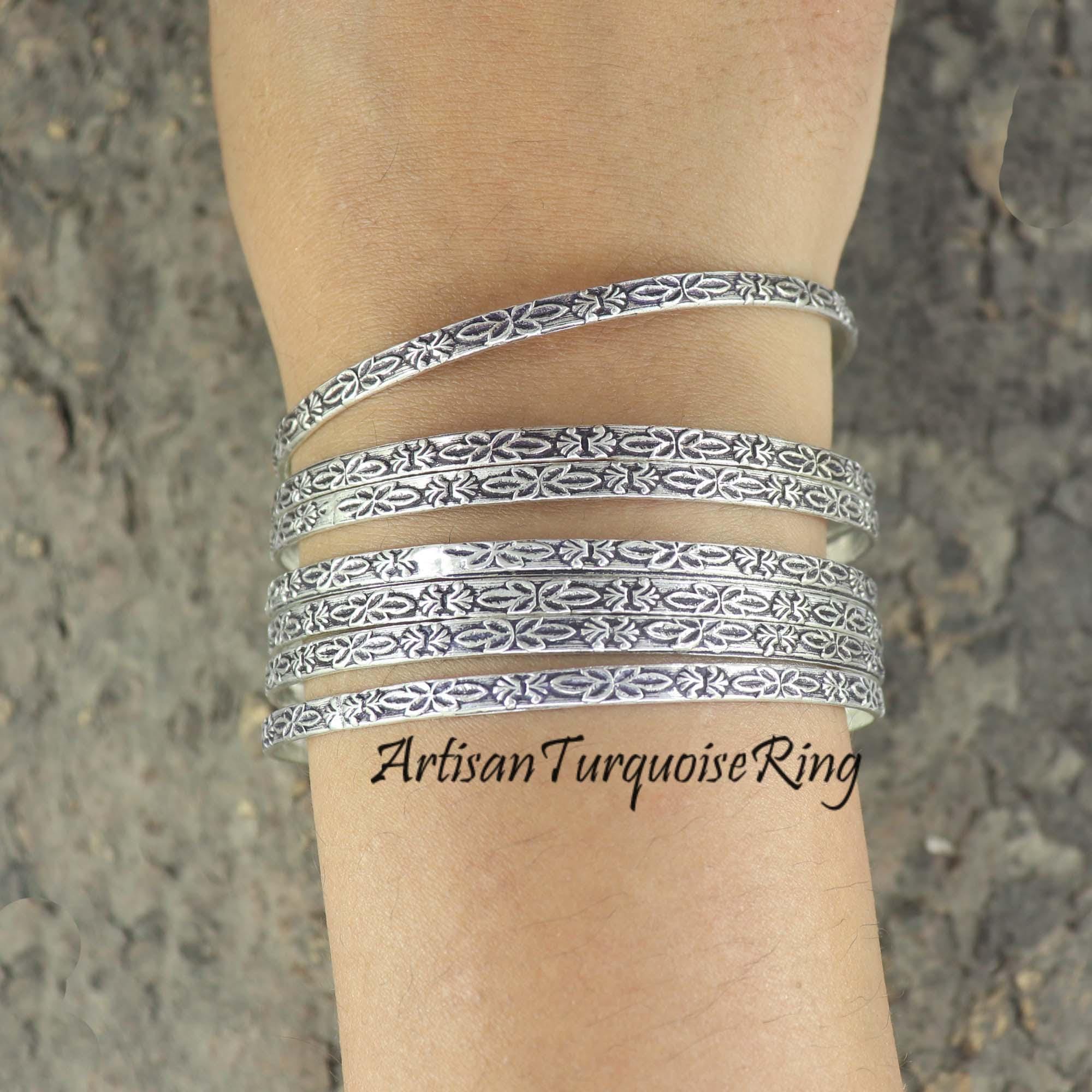 Handmade Sterling Silver Floral Bangle Set, Stacking Bangles - Etsy