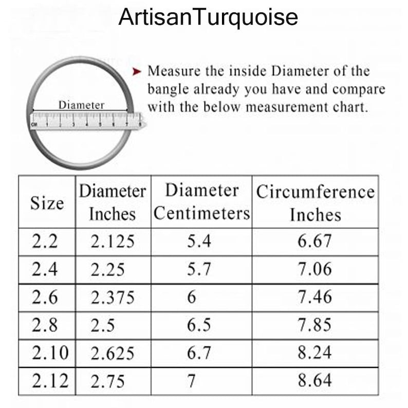 May include: Image from ArtisanTurquoise showing a bangle with a ruler measuring its diameter. A chart lists bangle sizes from 2.2 to 2.12, with corresponding diameters in inches (2.125 to 2.75) and centimeters (5.4 to 7), and circumferences in inches (6.67 to 8.64).