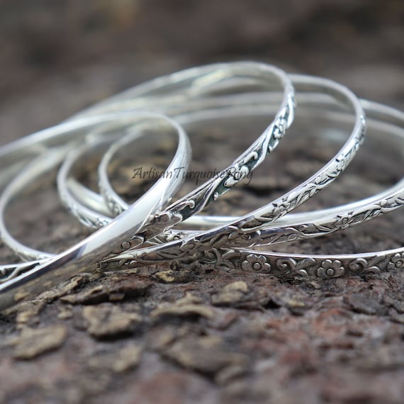 Daisy Flower Sterling Silver Bangle Set - Stackable Bangles - Etsy