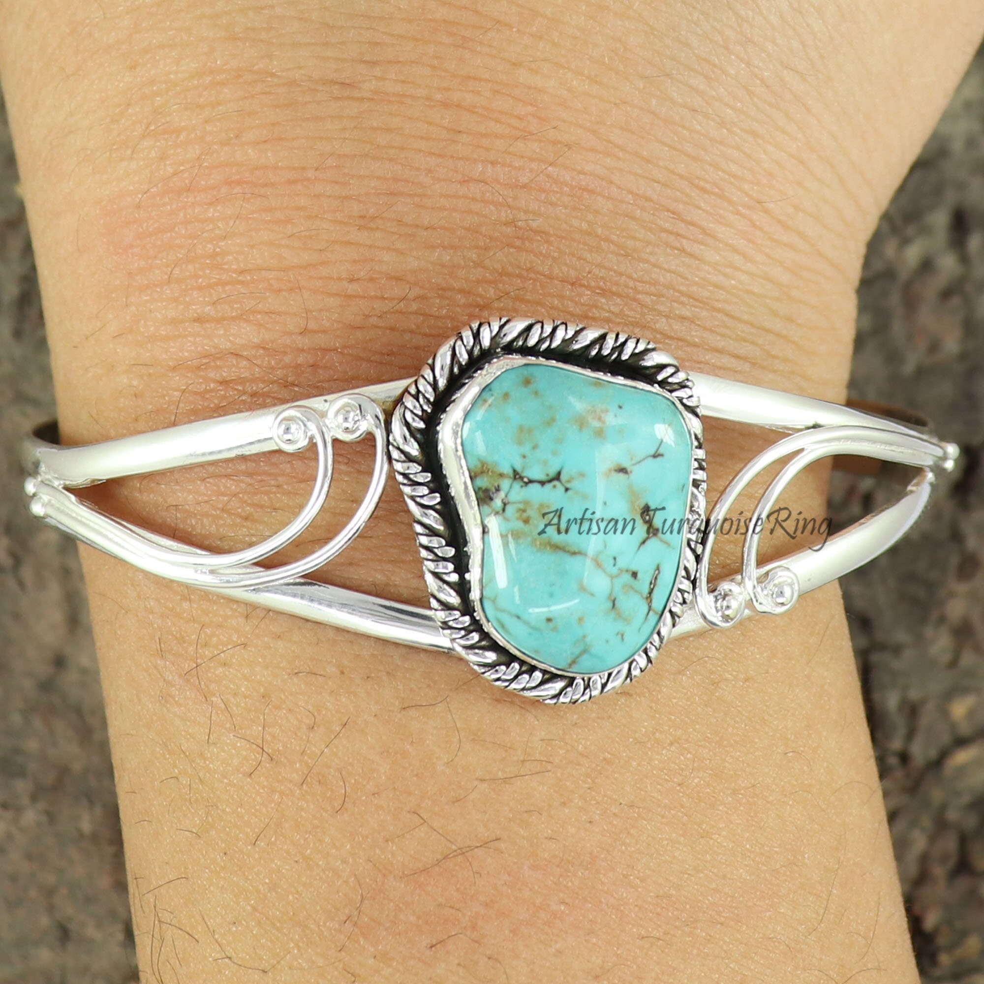 Sterling Silver Turquoise Bangle: Adjustable Gemstone Bracelet - Etsy