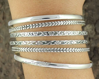 Beautiful Bangel, Sterling Silver Bangel, Designer Bangle, Daisy Flower Patten Bangle, 6 Set of Bangles, Stackable Bangles, Unique Gift Item