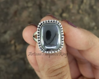 Handmade Hematite 925 Sterling Silver Ring: Bohemian Statement Jewelry