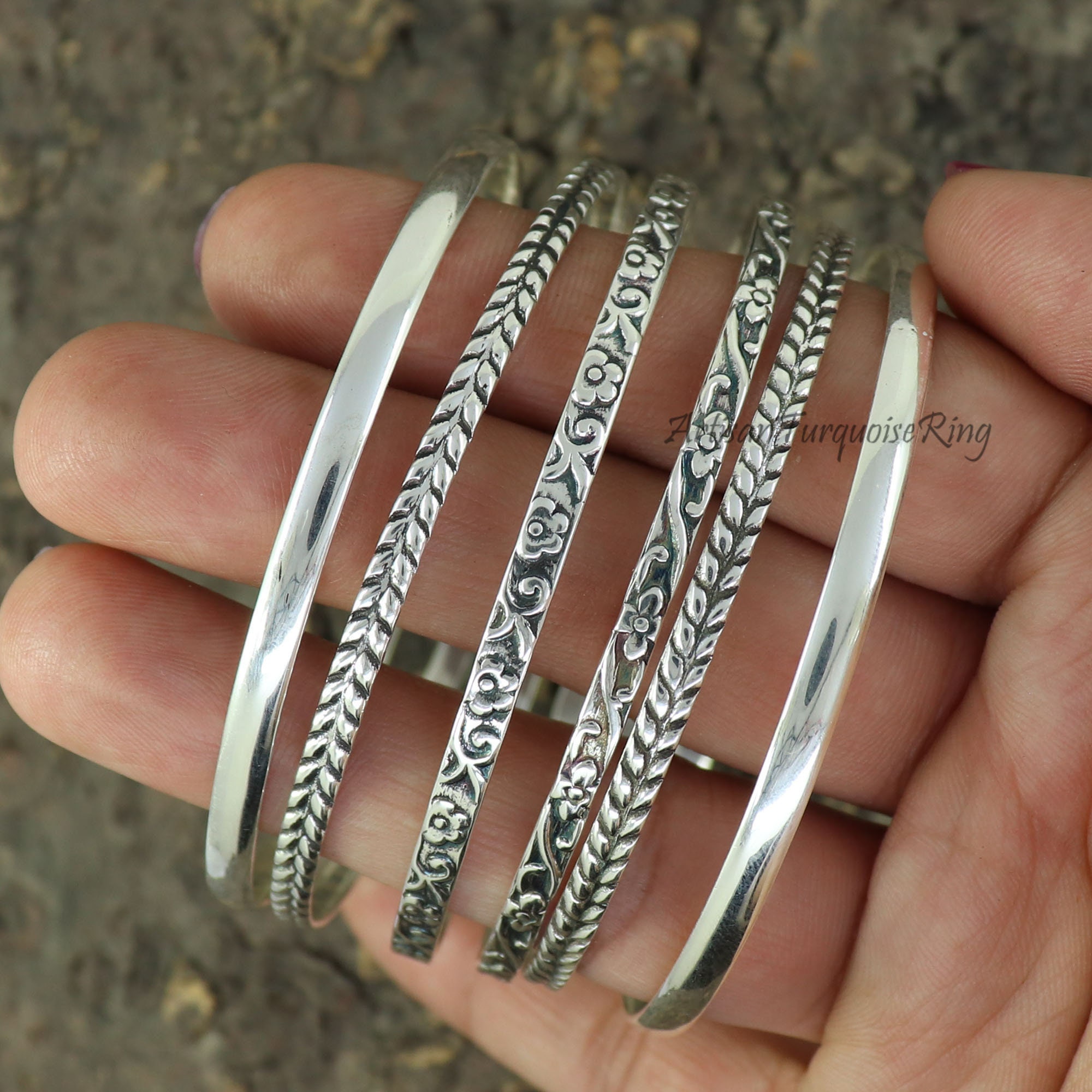 Sterling Silver Bangle Set: Daisy Flower Pattern, Stackable Sterling Silver Bangle Set: Daisy Flower Pattern, Stackable