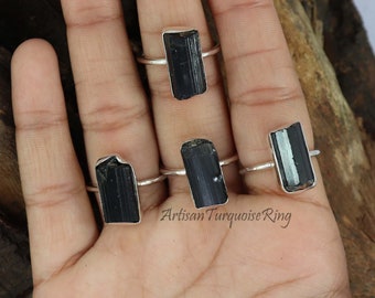 Raw Black Tourmaline Ring: Handmade 925 Sterling Silver, Uncut Gemstone