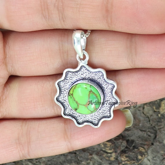 Handmade Green Turquoise 925 Silver Pendant - 12mm Stone - Etsy