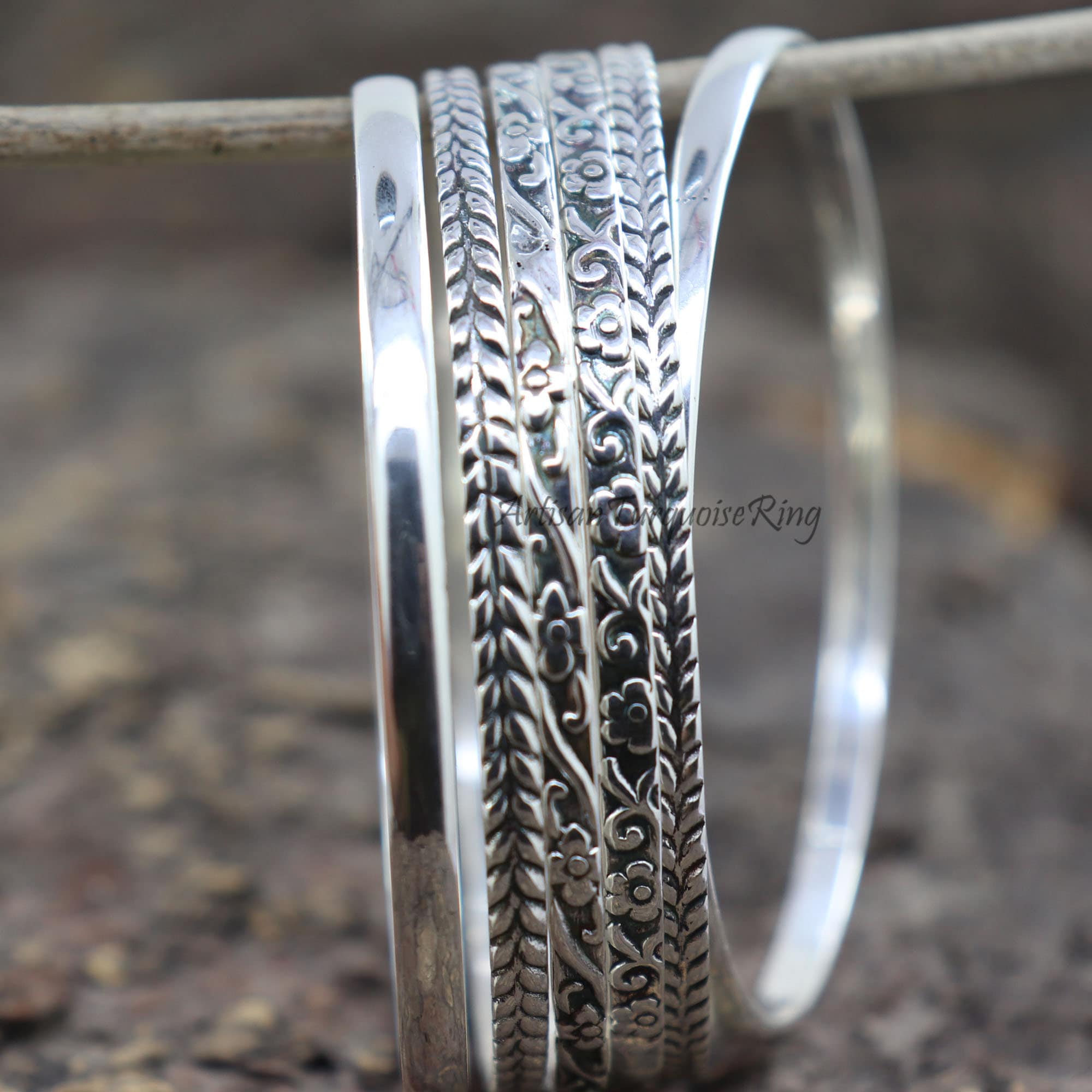 Designer Silver Bangle Set: Flower 6 Set of Stackable Bangles - Etsy
