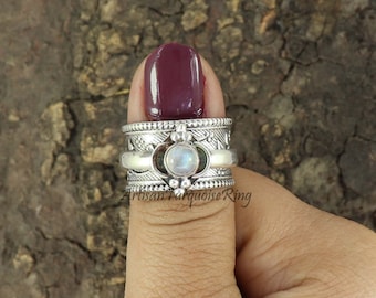 Rainbow Moonstone Ring, Sterling Silver Ring, Thumb Ring, Healing Crystal Ring, Spinner Ring, Handmade Ring, Meditation Gift For Her