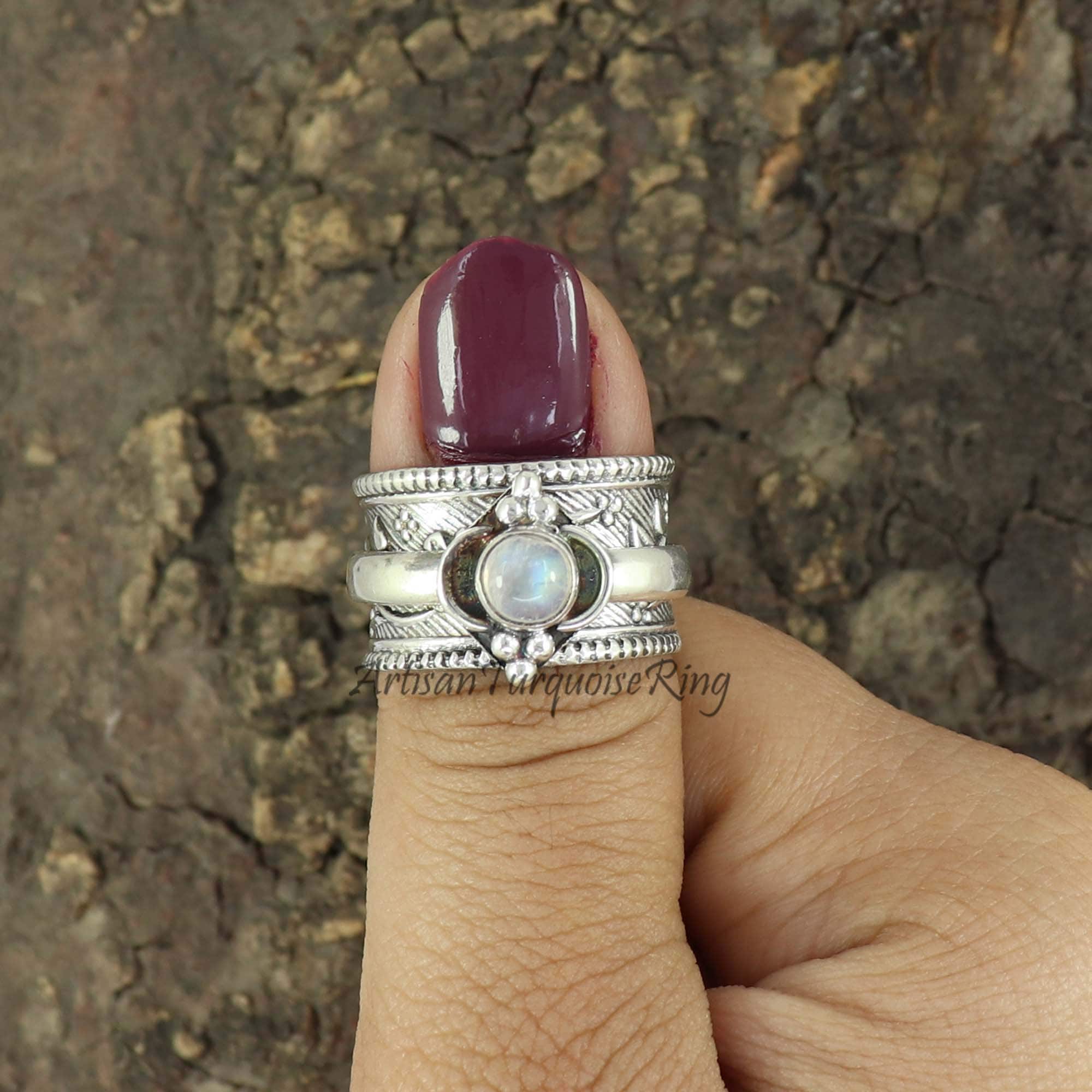 Rainbow Moonstone Ring, Sterling Silver Ring, Thumb Ring, Healing Crystal Ring, Spinner Ring, Handmade Ring, Meditation Gift For Her