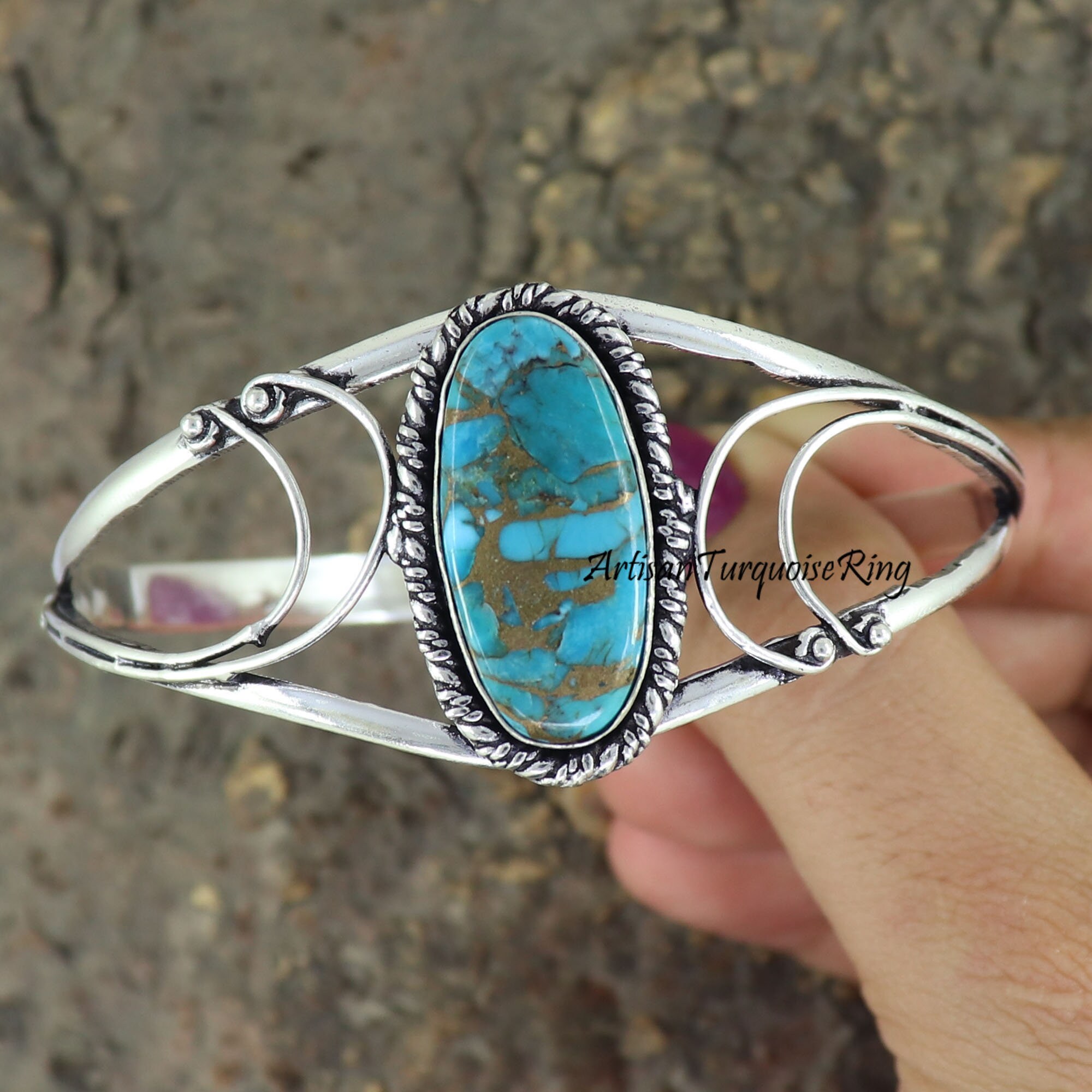 Bracciale rigido vintage in argento sterling con turchese