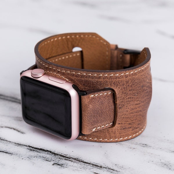 Genuine Leather Apple Watch Band - Antic Brown Cuff Style - Premium Gift for Women - Fits all Apple Watch Series - By Oblac