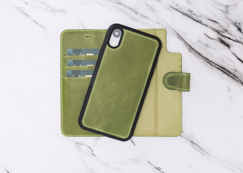 iPhone XR Green Leather Magnetic ClosureDetachable Wallet Phone Case by Oblac 6.1