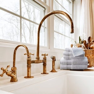 Unlacquered Solid Brass 8" Bridge Faucet, Vintage Kitchen Sink Faucet