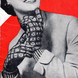 May include: A vintage knitting book cover featuring a woman wearing a knitted scarf and gloves. The cover is red and white with the title "The Sanquhar Knitting Book" and the text "Presented with "People's Friend" The Paper For Every Home".