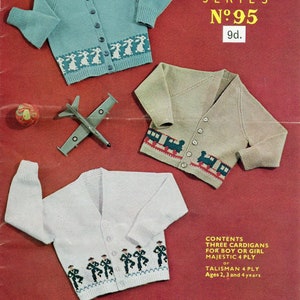 Children&#39;s vintage cardigan knitting pattern - PDF download - rabbit steam train sailor designs - Sirdar 95 - ages 2 to 4 years - 4 ply yarn