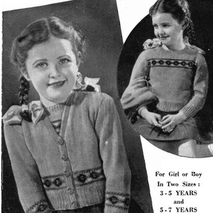 May include: Black and white photo of two children wearing knitted cardigans with fair isle patterns. The text "CHILD'S FAIR ISLE SET" is at the top of the image. The text "WELDONS LEAFLET 3d No 450" is in the top left corner of the image. The text "For Girl or Boy In Two Sizes: 3-5 YEARS and 5-7 YEARS" is in the bottom right corner of the image.