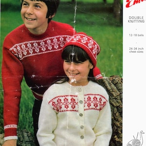 Nordic sweater cardigan and hat knitting pattern - PDF download - fairisle jacket jumper - Emu 6322 - sizes: 24 to 34 inch chest