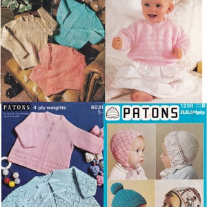 May include: Knitting pattern booklet for baby clothes. The booklet includes patterns for a pink sweater, a blue sweater, a pink cardigan, a blue cardigan, and three different styles of baby hats. The booklet is titled "Patons 4 ply weights" and "Patons D.K.& 4ply".