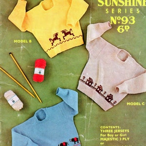 May include: A knitting pattern for three children's jumpers. The jumpers are yellow, blue, and beige with different animal designs. The pattern is called "Sirdar Sunshine Series N.93 6d" and is for ages 2, 3, and 4 years. The pattern uses Majestic 3 Ply or Talisman 3 Ply yarn.