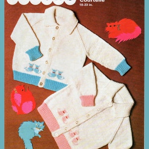 May include: A knitting pattern for a baby cardigan with a white background and blue and pink trim. The pattern features a cat design and is called "Baby Quickernit Courtelle" by Patons. The pattern number is 2385 and the price is 8p. The size is 18-23 inches.