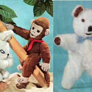 May include: A white knitted bunny rabbit with pink ribbon, a brown knitted monkey with a red scarf, and a white knitted teddy bear with brown ears and a blue ribbon.