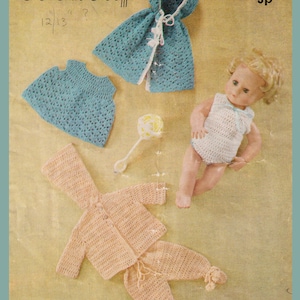May include: A crochet doll outfit pattern with instructions for a hooded jacket, trousers, a dress, and a cape. The pattern is for a 4 ply yarn and is numbered 1106.