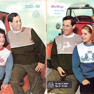 May include: A knitting pattern booklet featuring two sweaters with wintery designs. The sweaters are shown on models in a vintage setting. The booklet is titled "Patons Big Ben Knitting" and includes the pattern number "SC62-9d".