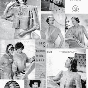 May include: A vintage knitting pattern booklet featuring women wearing various knitted garments. The booklet includes instructions for bedjackets and bedsocks, and is made with Patons Beehive Vest Wool. The booklet is titled "Bedjackets and Bedsocks" and features the text "Patons Beehive Vest Wool, Shrinkproof, 3-ply".
