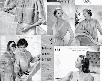 Puede incluir: Un folleto de patrones de tejido vintage con mujeres que llevan varias prendas de punto. El folleto incluye instrucciones para chaquetas de cama y calcetines de cama, y está hecho con lana Patons Beehive Vest Wool. El folleto se titula "Bedjackets and Bedsocks" y presenta el texto "Patons Beehive Vest Wool, Shrinkproof, 3-ply".