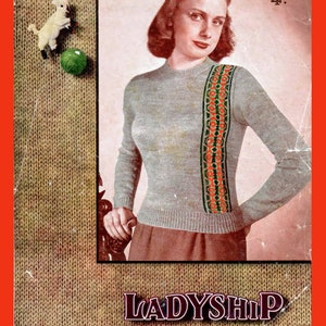 Lady&#39;s Vintage sweater knitting pattern with fair-isle trim sizes: 35 to 37 inches - 3 ply yarn -  Ladyship 2020 -  PDF download nordic