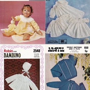 BARGAIN!! 4 Vintage Baby Knitting Patterns - PDF downloads - dress sweater cardigan matinee coat bonnet Christening dress toy rabbit blanket