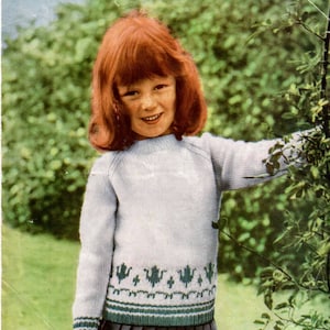 Childrens crew neck sweater with tulip fair-isle design - PDF knitting pattern download - raglan sleeves - sizes 22 to 30 inch chest