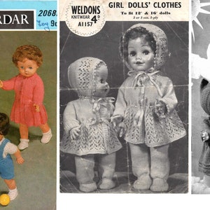 BARGAIN!! 3 PDF download Vintage Doll's clothes Knitting Pattern - leggings coat bonnet dress skirt baby vest sweater